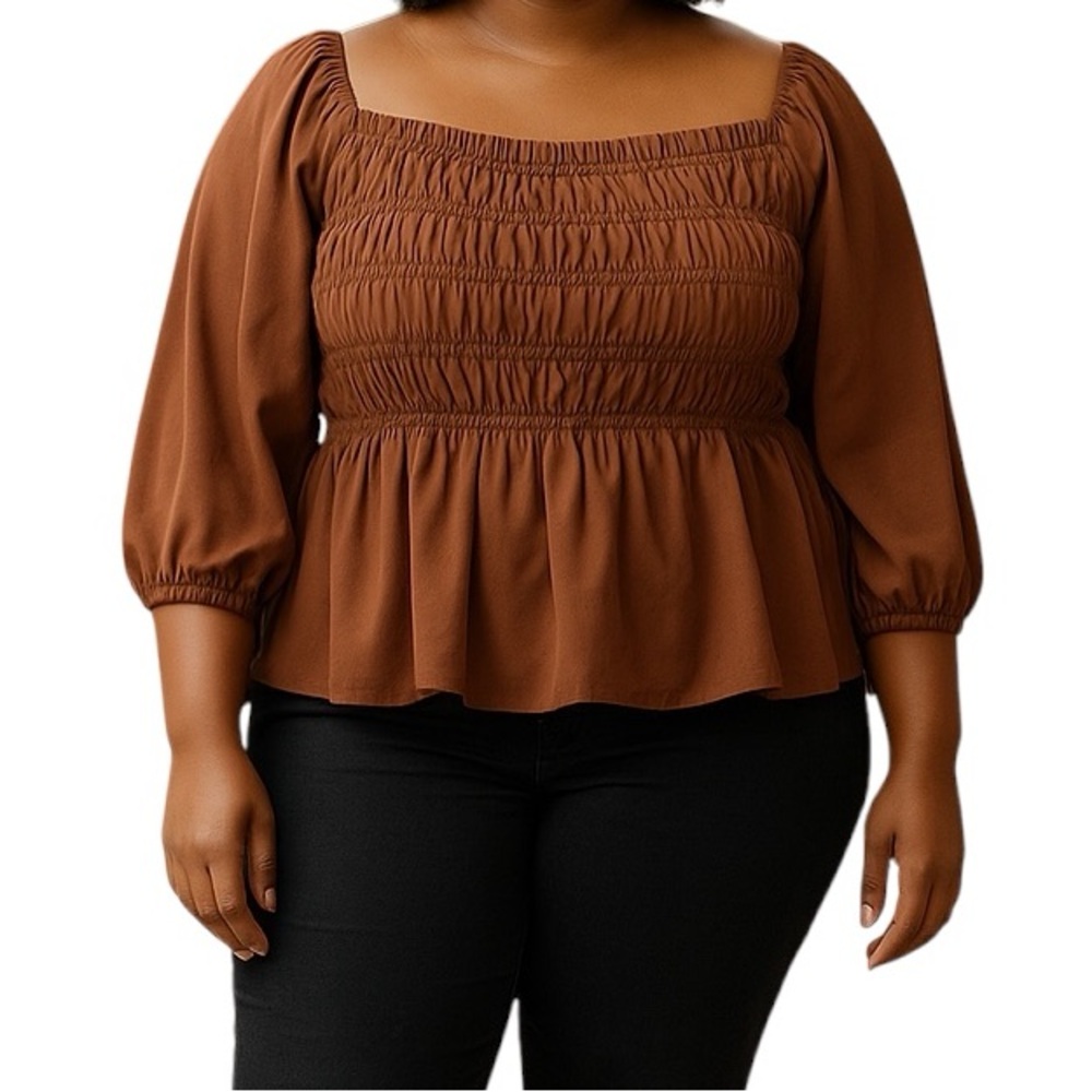 Pretty Little Things Brown Shirred Puff Sleeve Blouse 18